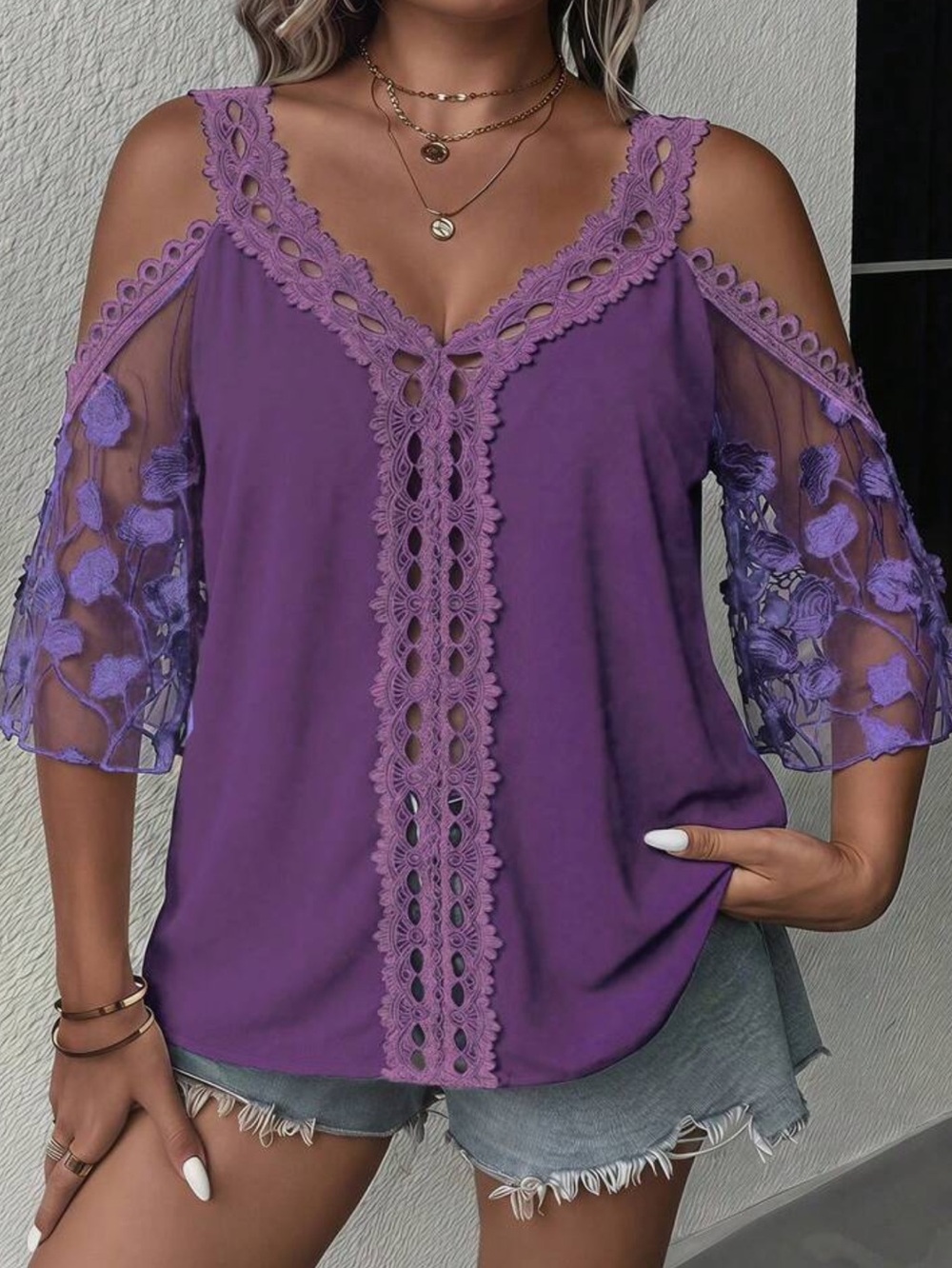Purple Lace Cold-Shoulder V-Neck Blouse